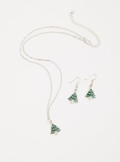 Spread holiday cheer in style this season with a merry and bright holiday tree earring and necklace set. French hook earrings. Lobster clasp necklace. Base metals. Imported. The best plus size women's holiday tree earring and necklace set - of 2 earrings in green. Torrid is your destination for cozy fall and winter clothes to keep you warm and comfortable. Green Dangle Christmas Jewelry, Festive Holiday Jewelry With Dangle Shape, Green Christmas Holiday Jewelry, Christmas Holiday Green Jewelry, Holiday Dangle Jewelry, Festive Holiday Dangle Jewelry, Nickel-free Jewelry For Festive Holiday, Nickel-free Christmas Party Jewelry, Nickel-free Jewelry For Festive Holidays