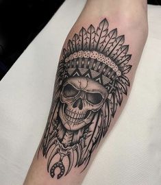 Explore 2024's Top Men's Tattoos: A Fusion of Style and Storytelling Skull Forearm Tattoo Men, Native Skull Tattoo, Skull Indian Tattoo, Skull With Headdress Tattoo, Skull Indian Headdress Tattoo, Indian Skull Tattoo Design, Mens First Tattoo Ideas, Skull Headdress Tattoo, Skull Tattoo Arm