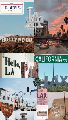 the collage shows many different signs and buildings in los angeles, california with palm trees