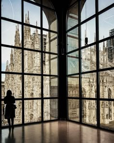 a person standing in front of large windows looking out at the cathedrals through them