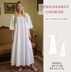 Renaissance Maxi Chemise Sewing Pattern, Renaissance Petticoat Dress, Vintage Chemise, Regency, Elvish dress, Regency, Nightgown Pattern, US 2-30 ✔️ US Sizes: 2, 4, 6, 8, 10, 12, 14, 16, 18, 20, 22, 24, 26, 28, 30 ✔️ Standard sizes: XS, S, M, L, XL, 2XL, 3XL, 4XL/5XL ✔️These templates are suitable for A4, A0 and US Letter size paper. When you purchase this pattern, you will receive a digital (pdf) sewing pattern and instructions. Once your payment processes, you will automatically receive a download links of pattern files. If you have any problem accessing the files, please don't hesitate to contact me. ✔️ETSY WILL ONLY LET YOU DOWNLOAD FROM A COMPUTER, PHONE OR IPAD WILL NOT WORK. ✔️THIS IS A DIGITAL PRODUCT ✔️YOU WILL RECEIVE ZIP FILE INCLUDING DOWNLOAD LINKS FOR THE PATTERN AND SEWING I Medieval Chemise Pattern, Sewing Pattern Nightgown, Regency Nightgown, Chemise Sewing Pattern, Chemise Pattern, Nightgown Sewing Pattern, Elvish Dress, Nightgown Pattern, Shift Dress Pattern