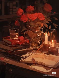 a table topped with books and candles next to a vase filled with roses