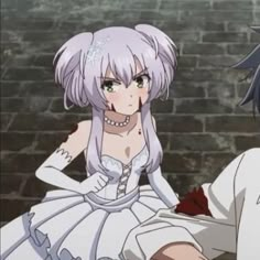 two anime characters sitting next to each other in front of a brick wall, one with white hair and the other with green eyes