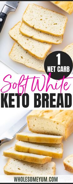 a loaf of soft white keto bread on a cutting board next to a knife