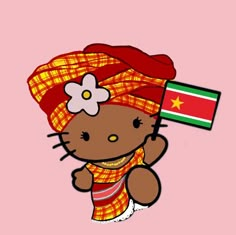 a hello kitty with a flag on her head and a teddy bear in the other hand