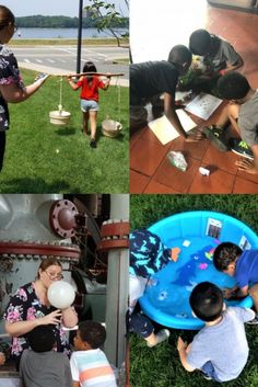 several pictures of people playing in the grass and on the ground, with one person holding a balloon