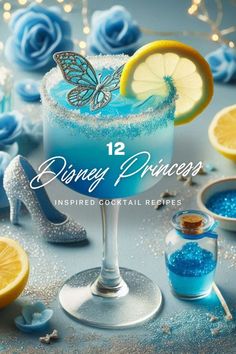 Disney Inspired Drinks Non Alcoholic, Cinderella Cocktail Drink, Alice In Wonderland Cocktails Recipes, Blue Holiday Drinks, Disney Princess Drinks, Disney Cocktails Recipes, Tinkerbell Drink, Alice In Wonderland Cocktails, Disney Inspired Drinks