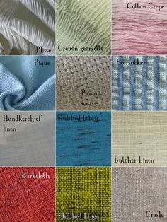 several different colors of fabric with names on them