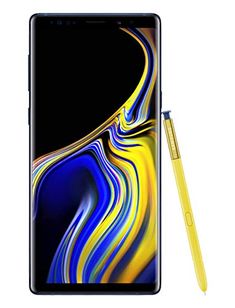 the new samsung note9 is shown in blue and yellow, with an abstract swirl design on