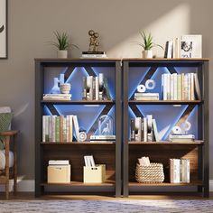 two bookshelves with various items on top of them in front of a wall