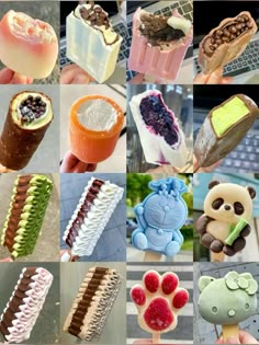 there are many different types of ice creams in the pictures, including panda bear