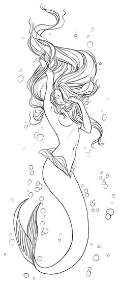 a drawing of a mermaid with long hair swimming in the ocean, and bubbles around her