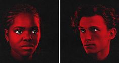 two different images of the same person with red lighting on their face and in front of them