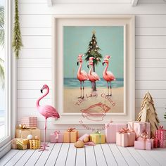 pink flamingos are standing in front of a christmas tree and presents on the floor