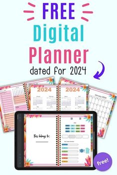 the free digital planner for 2021 is shown on a tablet and next to it are three calendars