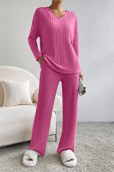 Ribbed V-Neck Top and Pants Set - Sydney So Sweet 2025 Outfits, Comfort Clothes, Loungewear Outfits, Two Piece Pants Set, Top And Pants Set, Outfit Women, Loungewear Set, Casual Elegance, Everyday Wardrobe