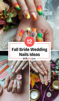 wedding nails with different colors and designs on them, including flowers, candles and rings