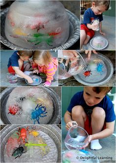 there are many pictures of children playing in the water with their hands and feet,