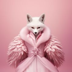 a white fox in a pink dress with angel wings