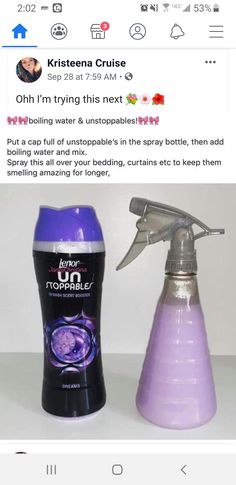 an image of two spray bottles with one being lavender and the other is white, on top of a table