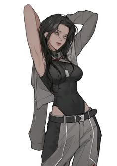 a drawing of a woman in black top and grey pants with her arms behind her head