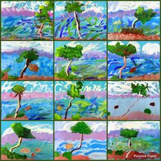 several pictures of trees and water in different stages of life, with the same tree being painted on it