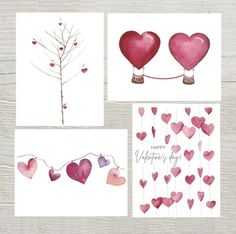 valentine's day cards with watercolor hearts hanging from the tree and on strings