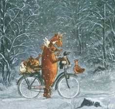 there is a bear riding a bike in the snow with ducks and geese on it