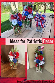 patriotic decor with red, white and blue flowers