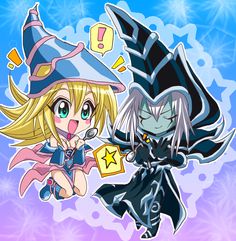 two cartoon characters dressed as witches, one in black and the other in white with blonde hair