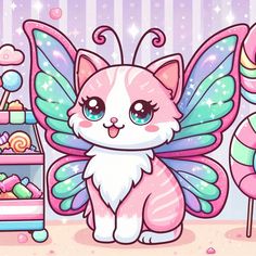 a cartoon cat with wings sitting in front of a candy machine and lollipops