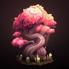 an illustration of a tree with pink flowers on it