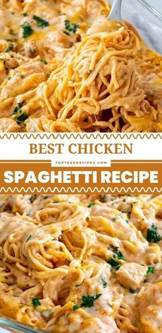 the best chicken spaghetti recipe in a glass casserole dish with text overlay