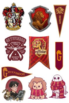 harry potter stickers are shown in various colors and sizes, including hogwart's crests