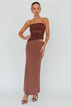 Lorely Ruched Bodice Midi Dress Brown Midi Dress Brown, Brown Midi Dress, Yellow Bridesmaids, Ruched Bodice, Blue Bridesmaids, Iron Material, Date Night Dresses, Mini Dress Casual, Red Carpet Looks