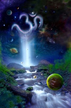 an image of a waterfall with the word om above it and planets in the background