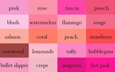 different shades of pink and red are shown in this graphic chart, which includes the names of each color