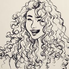 a drawing of a woman's face with curly hair and an open smile on her face