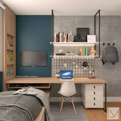 a bedroom with a bed, desk and computer on the wall next to a book shelf