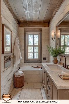 a bathroom with a tub, sink, and window in the wall next to it