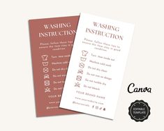 two cards with instructions for washing instruction on the front and back, one is red