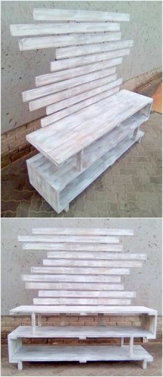 three different views of a bench made out of plywood planks and pallets