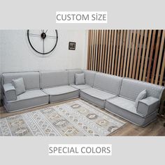 a sectional couch with pillows on it and the words custom size in front of it