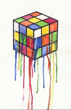 a drawing of a rubik cube with colored paint dripping down the side and bottom