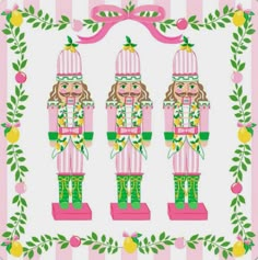 two nutcrackers are standing in front of a pink and white striped background