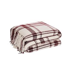 a blanket with fringes is shown on a white background and it has a red plaid pattern