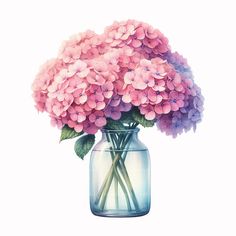 a painting of pink and purple flowers in a blue glass vase on a white background