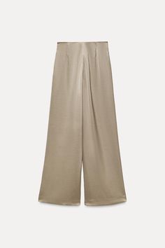 WIDE LEG SATIN PANTS - Stone | ZARA United States High Waist Pull-on Style Pants For Workwear, Solid Straight Leg Pants With Elastic Waistband, Solid Color High-waisted Pull-on Pants, High-waisted Pull-on Style Pants, High Waist Wide Leg Pants With Pull-on Style, Versatile High-waisted Dress Pants With Elastic Waistband, High Waist Wide Leg Pants With Loose Fit, Versatile Straight Leg Pants With Elastic Waistband, Versatile High Waist Dress Pants With Elastic Waistband