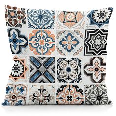 a decorative pillow with many different designs on the front and back, including an orange, blue