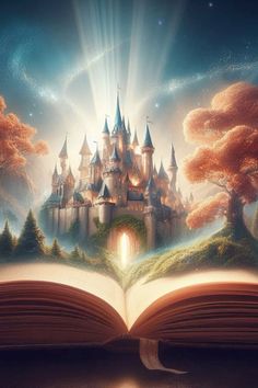 an open book with a castle on it